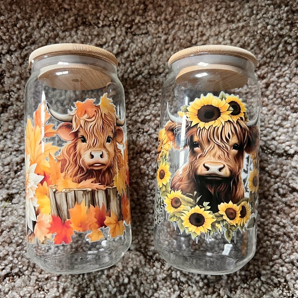 Farmhouse Highland Cow Glass Jars with Sunflower & Fall Leaf Designs